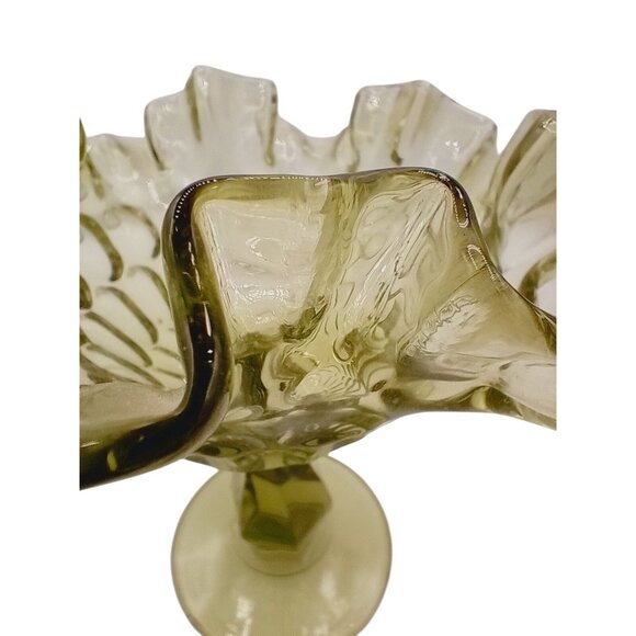 Vintage Fenton Glass Candy Dish Pedestal Green Thumbprint Ruffle Rim Compote 6" - Picture 7 of 15